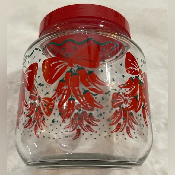Vintage AGC Ribbon Bow Chili Peppers Red Floral Pattern Clear Glass Canister Jar - Picture 12 of 16
